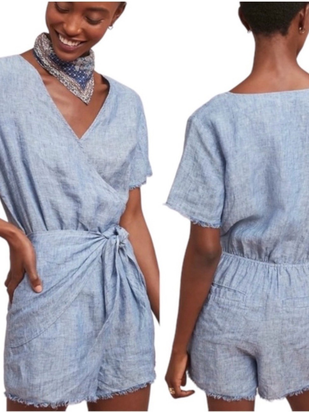 Sanctuary x Anthropologie Montana Blue Linen Front Wrap Tie Waist Romper Sz XS - Picture 2 of 10